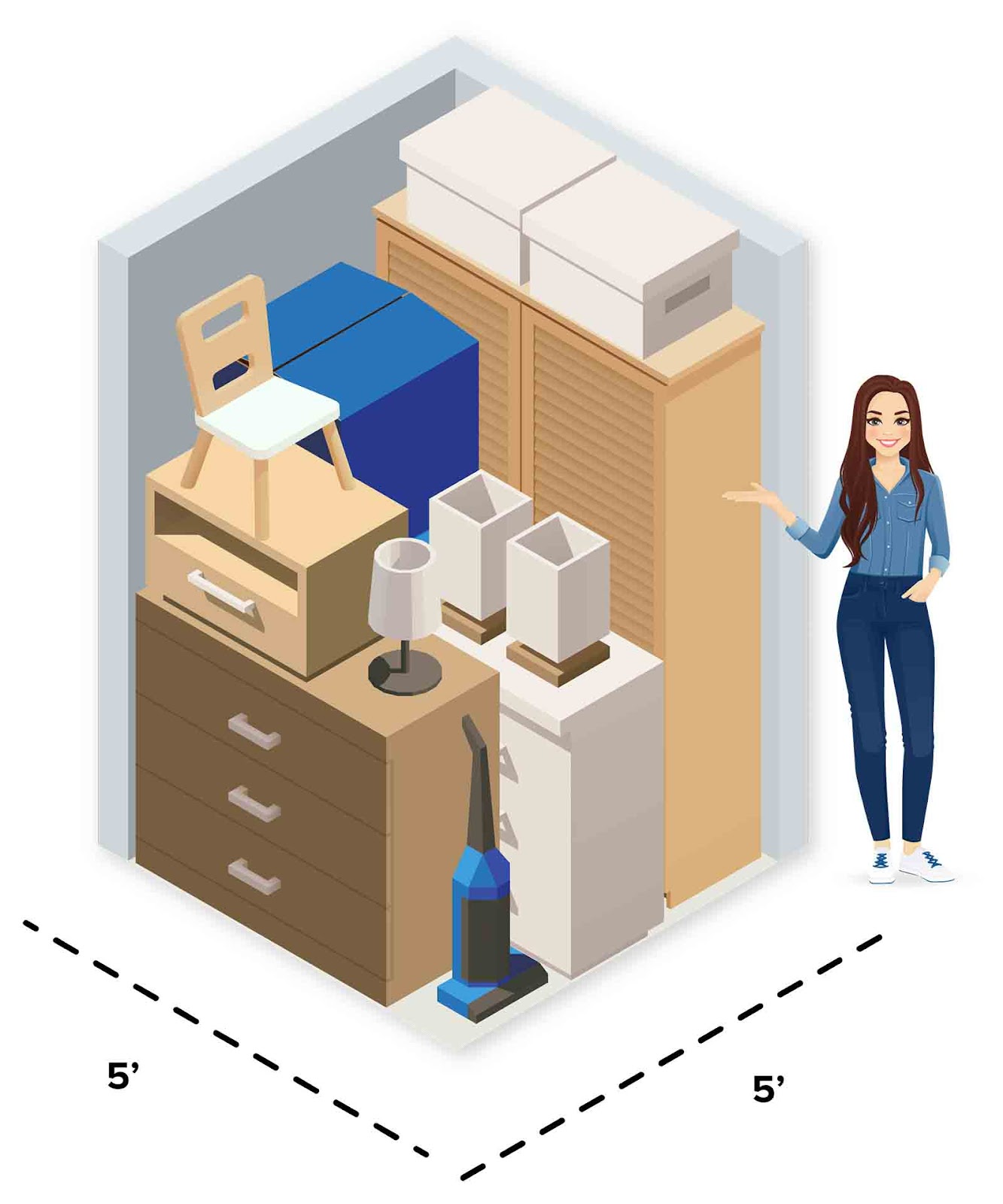 Here’s an idea of what you can fit in each size:  Small Units  5x5 or 25 sq. ft.  Small mini-storage units are a great solution for people who have limited space in their homes. They can accommodate items like sports equipment, garden tools, and boxes.   In a 5x5 storage unit, you can store:   A small closet's worth of belongings A desk and chair A few boxes Instruments (You may want to look for a climate-controlled unit to protect instruments.) Temporary mini-storage rentals are especially popular among college students on summer vacation.  They’re also a convenient option for accountants, lawyers, and medical offices for document storage.